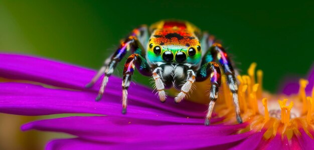 Uma aranha colorida senta-se em uma flor.