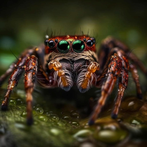 Uma aranha com olhos verdes e olhos verdes está sentada em uma folha verde.