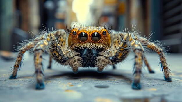 Foto uma aranha com pernas longas e um corpo peludo está olhando para a câmera