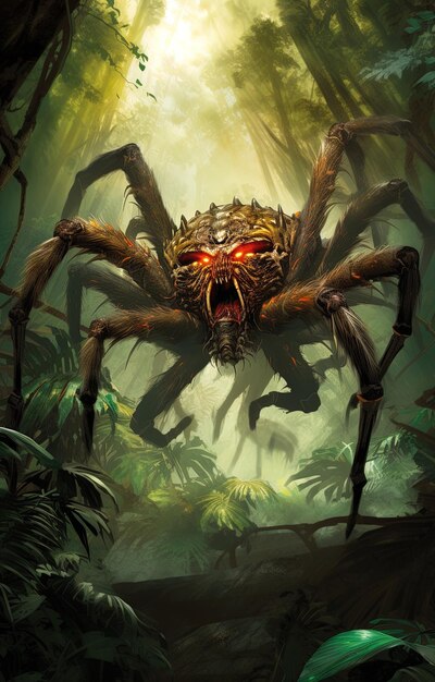 uma aranha com um rosto assustador é mostrada em uma selva