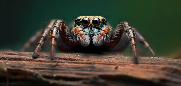 Uma aranha com um rosto verde e amarelo está em um tronco.