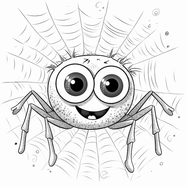 Uma aranha de desenho animado com olhos grandes e uma teia de aranha em segundo plano generativa ai