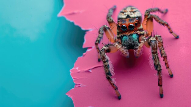 Uma aranha engraçada olha através de um buraco rasgado em um fundo de papel de cor pastel vibrante