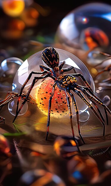 Uma aranha está numa bola de vidro com uma aranha nela.