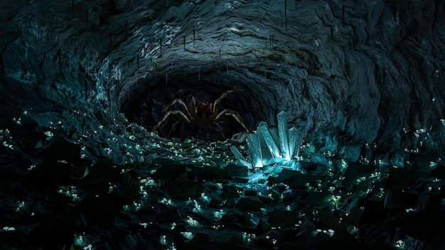Uma aranha gigante dentro de uma caverna escura profunda cheia de cogumelos brilhantes e cristal Conceito misterioso assustador