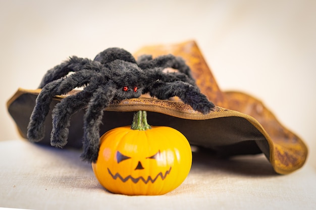 Uma aranha preta e peluda com olhos vermelhos está sentada no chapéu da bruxa e uma abóbora de Halloween está próxima.