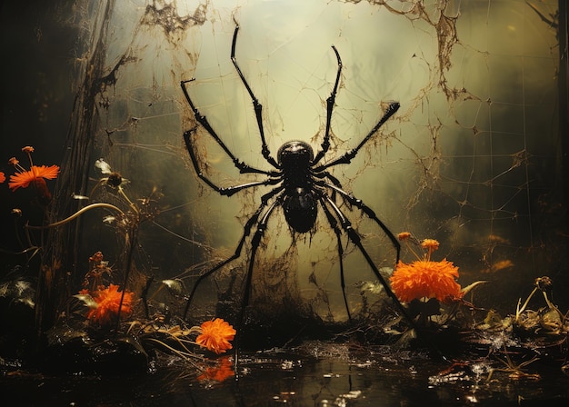 Uma aranha que está em uma mesa com flores