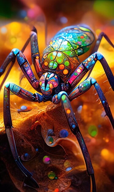 Foto uma aranha que está lá fora com contas coloridas nela