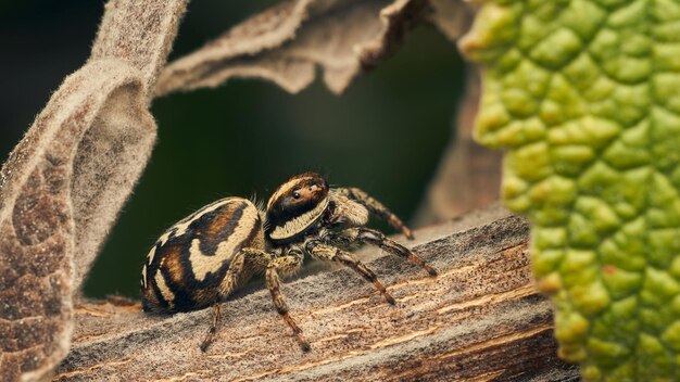 Uma aranha salta marrom em cima de um ramo