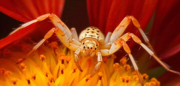 Foto uma aranha senta-se em uma flor na frente de um fundo vermelho.