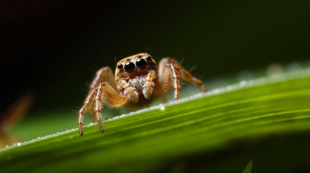 Uma aranha senta-se em uma folha de grama.