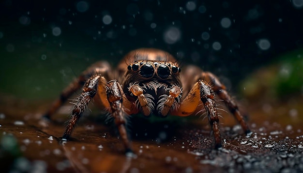 Uma aranha senta-se em uma superfície molhada na chuva.