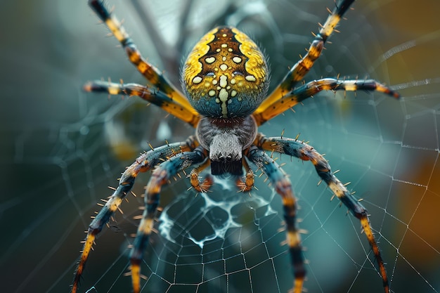 Uma aranha tecelã no centro de sua teia esperando pacientemente por uma presa