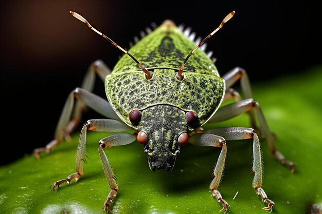 uma aranha verde com um rosto verde e olhos castanhos