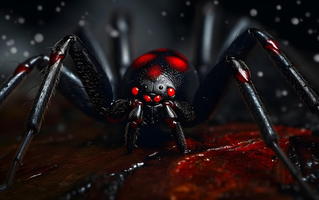 Uma aranha vermelha com olhos vermelhos e corpo preto está sentada em uma superfície escura.