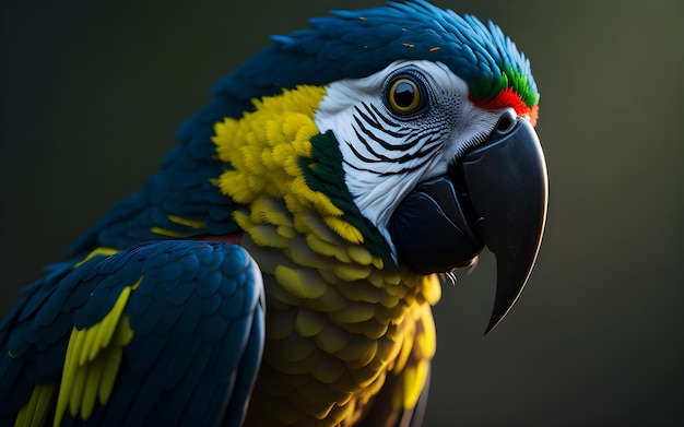 Uma arara azul e amarela com um fundo preto