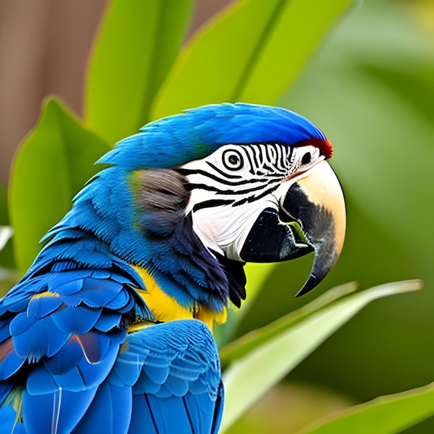 Uma arara azul e amarela com uma folha verde ao fundo.