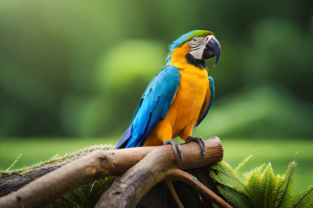 Uma arara azul e amarela senta-se em um galho.