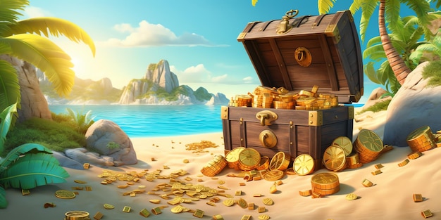 Uma arca do tesouro em uma praia com moedas de ouro.