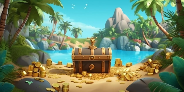Uma arca do tesouro em uma praia com palmeiras ao fundo.