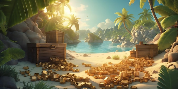 Uma arca do tesouro em uma praia com palmeiras e uma praia ao fundo.