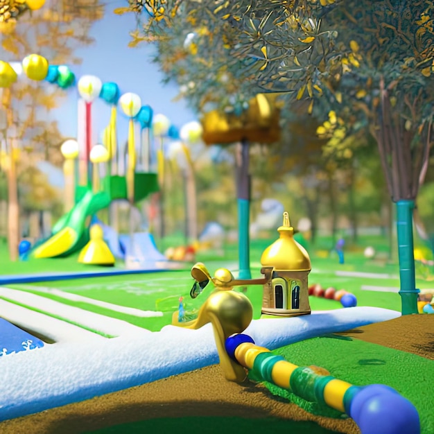 uma área de brincadeira com um playground e um castelo amarelo com um castelo Amarelo na parte de baixo