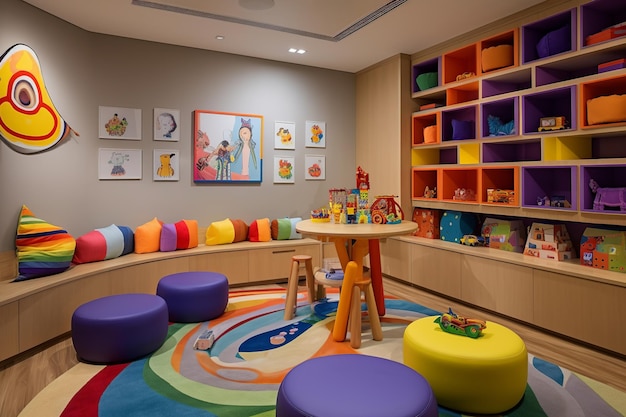 Foto uma área de recreação com cadeiras coloridas e uma mesa com um brinquedo.