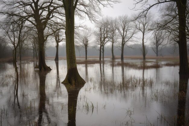 Uma área inundada com árvores e água nela IA generativa