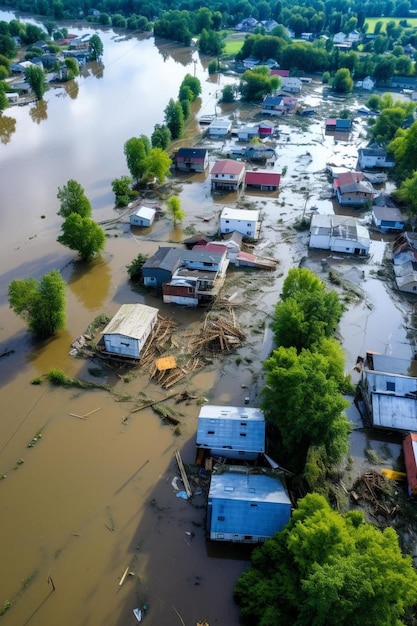 uma área inundada com casas e árvores ao fundo