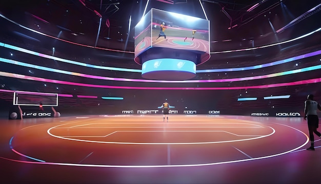 Uma arena esportiva holográfica com atletas virtuais competindo