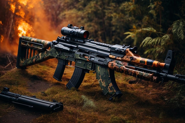 Uma arma AK 47 moderna e tática mostrada em um ambiente militar de alta tecnologia com acessórios avançados