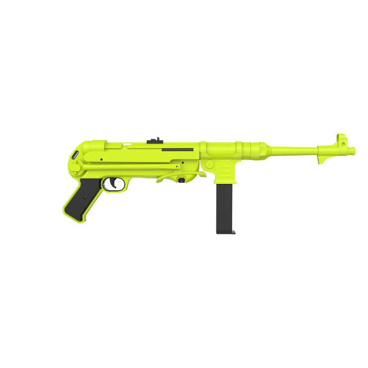 Foto uma arma amarela com cabo preto e fundo branco