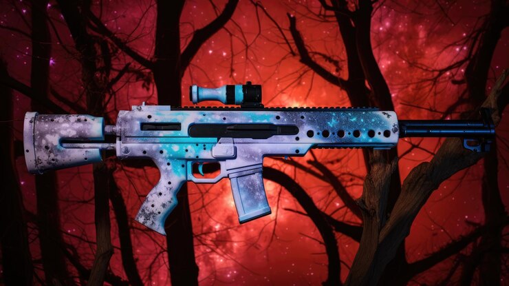 Foto uma arma com mira na frente de um céu vermelho