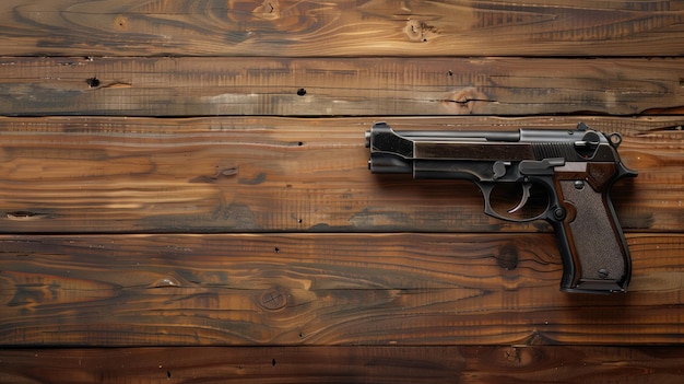 Uma arma de mão descansando em uma mesa de madeira rústica invocando temas de perigo de segurança ou aplicação da lei