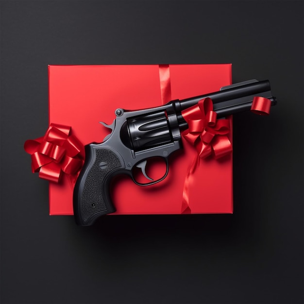 Uma arma feita de papel de presente vermelho e preto