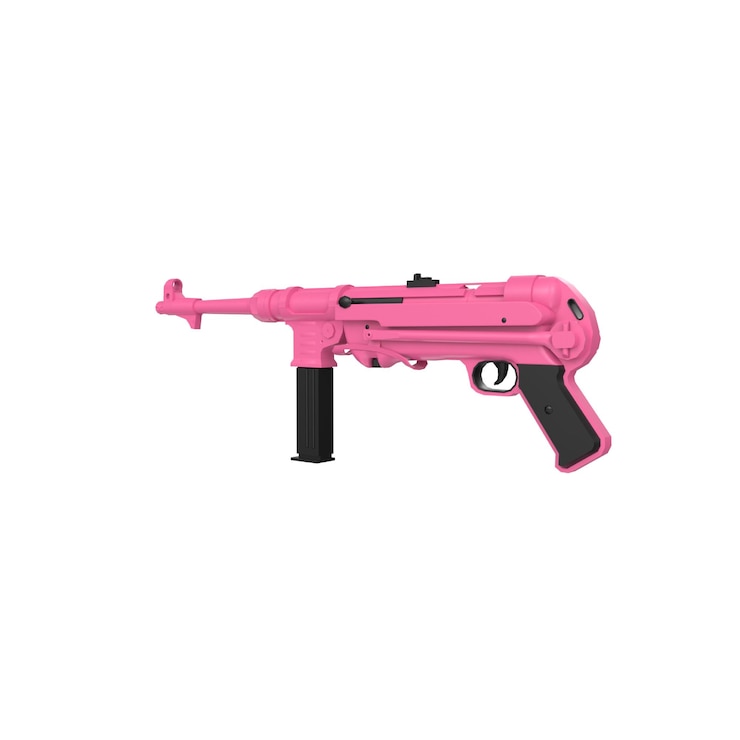 Foto uma arma rosa com cabo preto e um círculo preto que diz 'a arma é rosa'