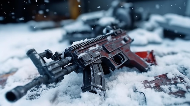 Uma arma vermelha está na neve em frente a um fundo nevado.