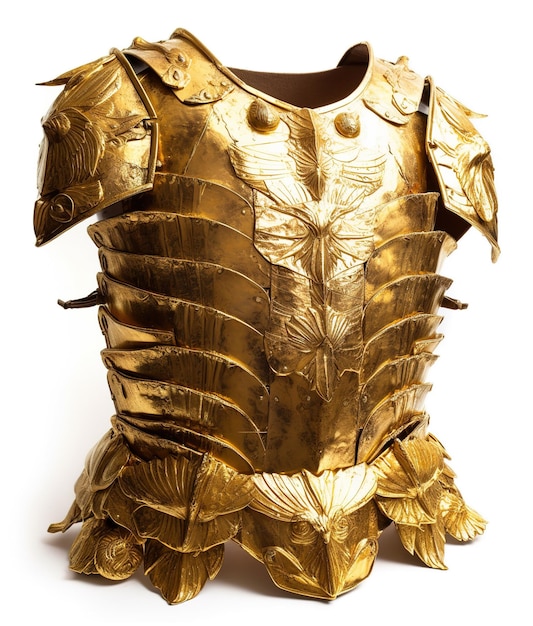 Uma armadura dourada com folhas nas laterais e o número 3 nela.