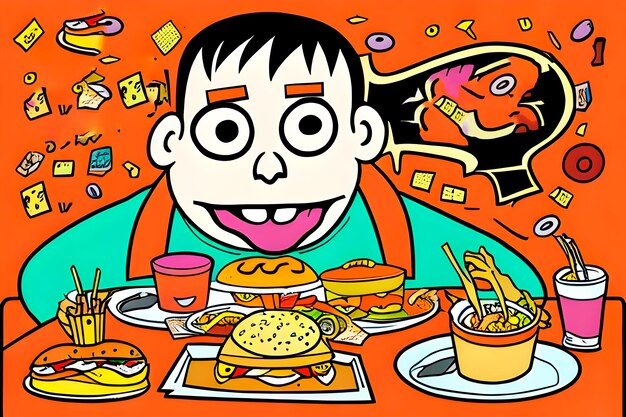 uma arte caprichosa estilo bruto de personagens de desenhos animados devorando comida lixo insalubre