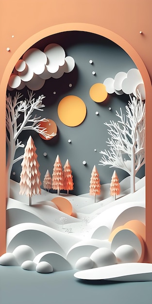 Uma arte cortada em papel com uma paisagem de inverno e a lua ao fundo.