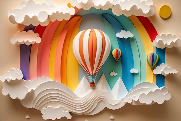 Uma arte criativa em papel retratando balões de ar quente, as nuvens do sol e um arco-íris Generative AI