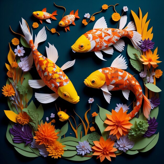 Uma arte de corte de papel de peixe com desenhos laranja e amarelo.