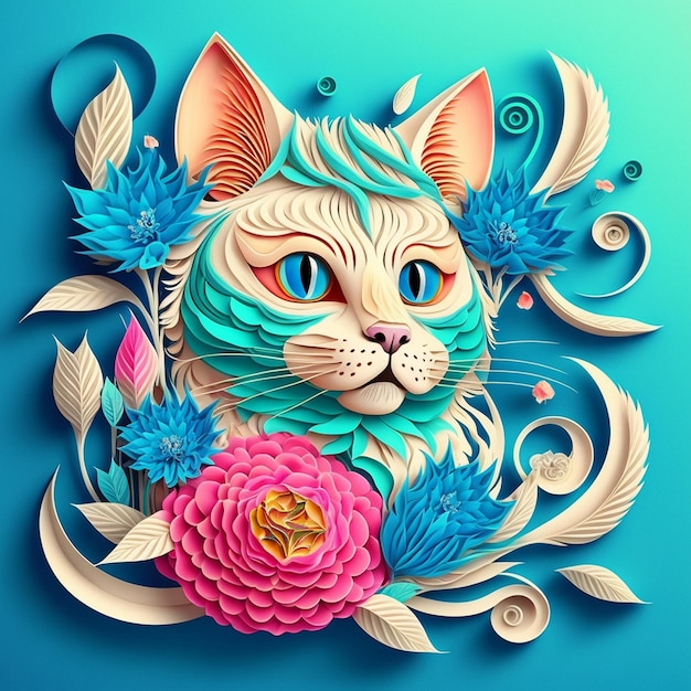 Uma arte de corte de papel de um gato com uma flor no meio.