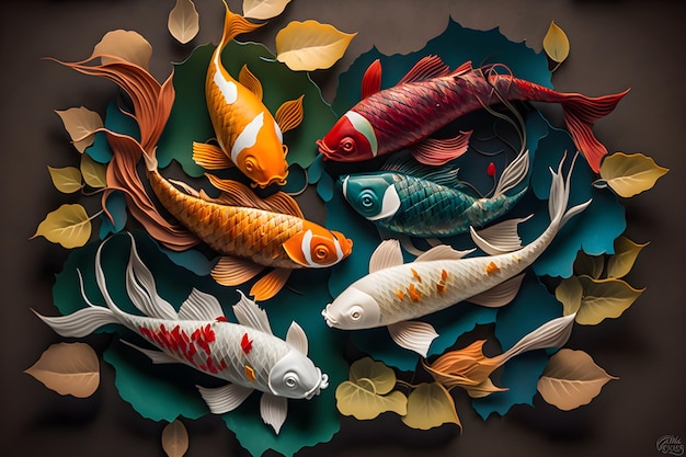 Uma arte de papel 3d de peixes koi