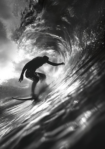 Uma arte de surfista montando uma onda no belo sol