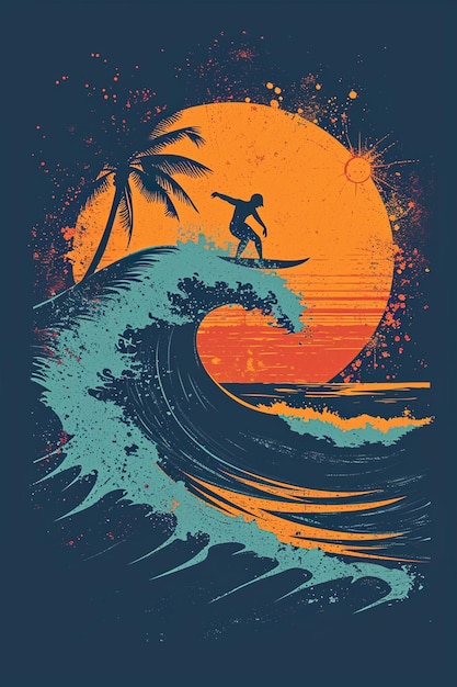 Uma arte de surfista montando uma onda no belo sol