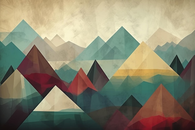 Uma arte digital de montanhas com um padrão de triângulo azul e vermelho.