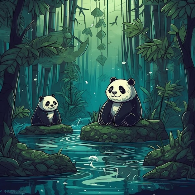 uma arte digital de pandas na floresta.