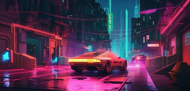 Uma arte digital de um carro futurista na chuva