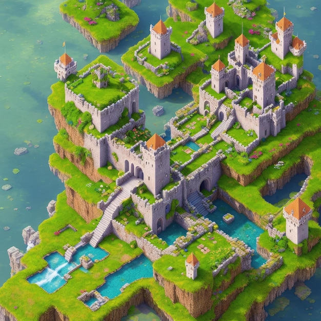 Uma arte digital de um castelo em um lago.